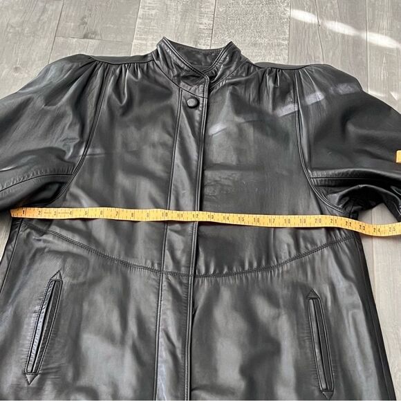 Vtg 80s Leather Coat Long Goth Whimsigoth Full Length Shoulder Pad Victorian L - Picture 13 of 15